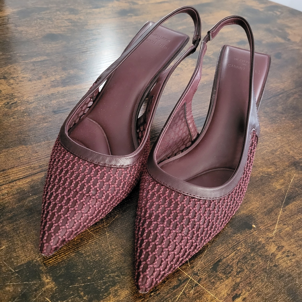Gianni Bini Nastia Liukin Mesh Sling Back 9M Kitten Heel Burgundy Square Heel